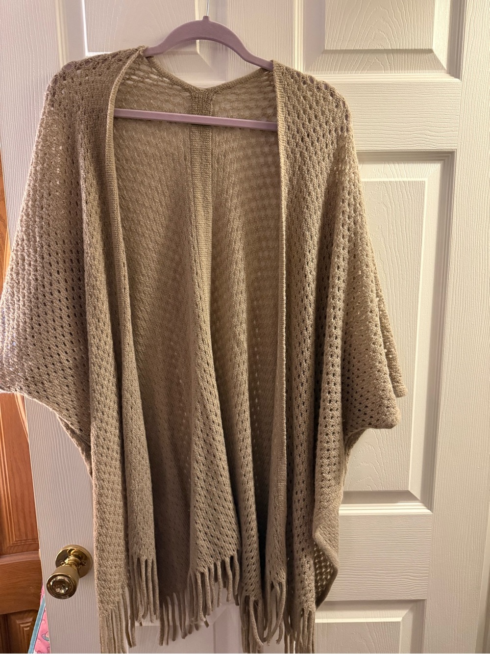 Beige Knit Open-Front Women's Sweater Poncho